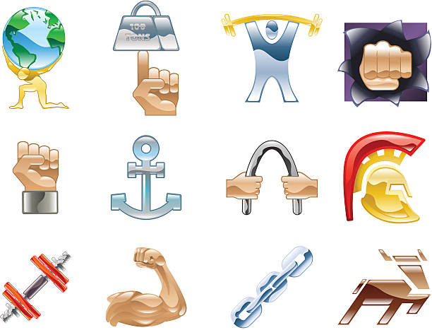 ilustrações, clipart, desenhos animados e ícones de força conjunto de ícones série de elementos de design - human muscle men weights picking up