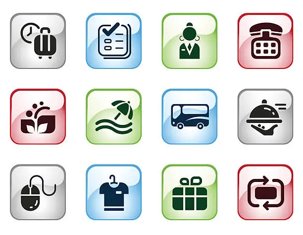 Vector illustration of Hotel Themed Computer Icons with Glossy Effect