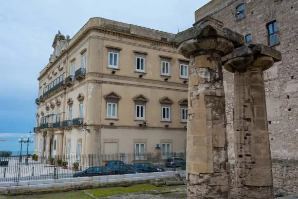 Horizontal View of the two Most Ancient Doric Columns of the Magna Greece. Taranto, South of Italy