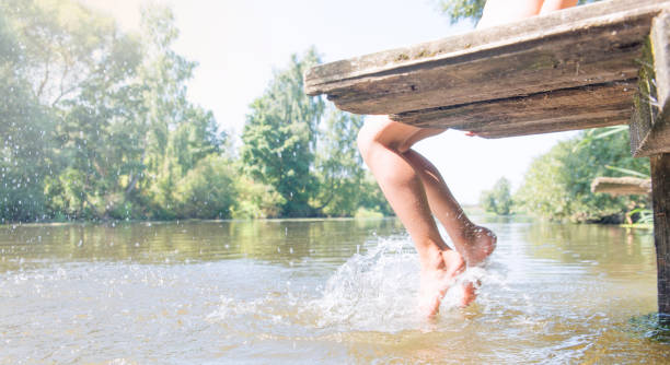 istock Women's feet splashing in the pool water 927328404