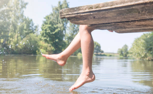 istock Women's feet splashing in the pool water 927328408