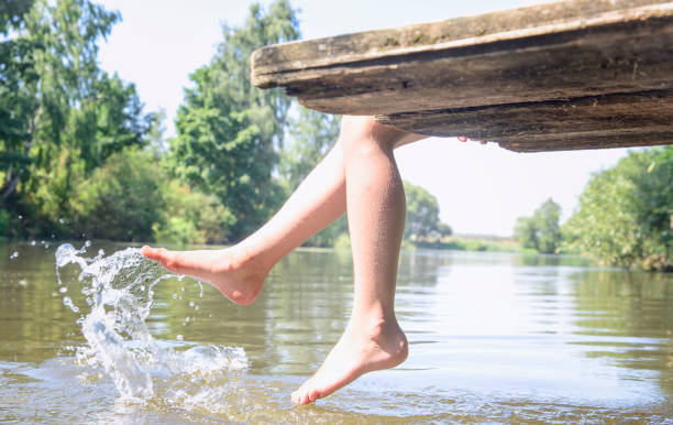istock Women's feet splashing in the pool water 927328428