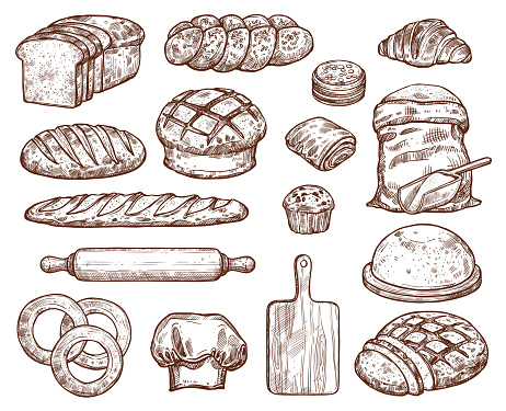 Bakery set with a lot of types fresh bread. Images for bakeshop or bakehouse. Cooking utensils for baking and wheat. Fresh pastry baguette, croissant, loaf, pancake, bun, cake, bread, bagel. Also wooden board, white flour, and rolling pin.