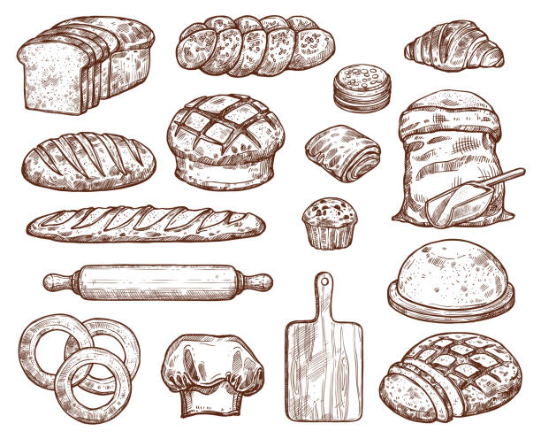 Bakery set with a lot of types fresh bread. Bakery set with a lot of types fresh bread. Images for bakeshop or bakehouse. Cooking utensils for baking and wheat. Fresh pastry baguette, croissant, loaf, pancake, bun, cake, bread, bagel. Also wooden board, white flour, and rolling pin. bread stock illustrations