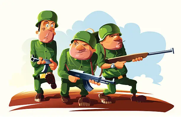 Vector illustration of Soldiers at War: Platoon of three troopers.