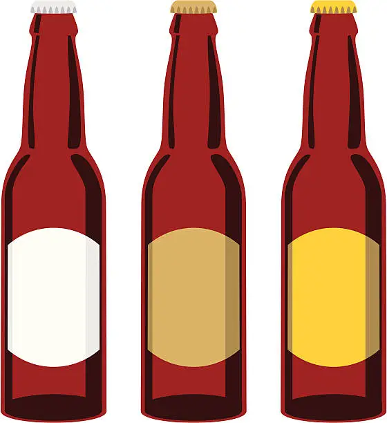 Vector illustration of Clip art of three brown beer bottles with different labels