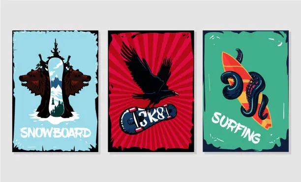 Vector illustration of Extreme sports posters collection. Snowboard, skateboard and surfing. Grunge style.