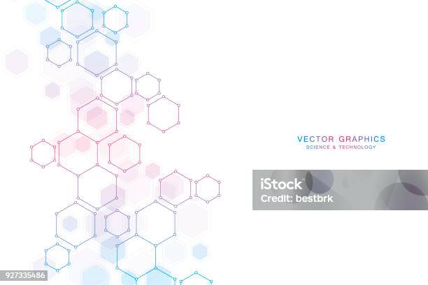 Fond De Science Abstraite Avec Des Hexagones Et Molécules Vecteurs libres de droits et plus d'images vectorielles de Hexagone