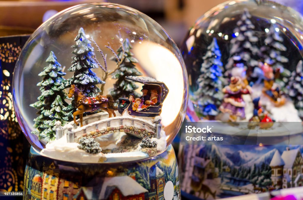 Snow-ball Toy Glass Ball Christmas Market Stock Photo