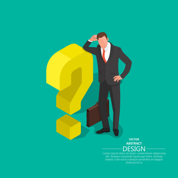 The businessman leans on a question mark The businessman leans on a question mark. Concept of an impasse. Barrier, obstacle, dilemma. Difficulty in decision-making. 3D. Isometry. A vector illustration in flat style. isometric question mark stock illustrations