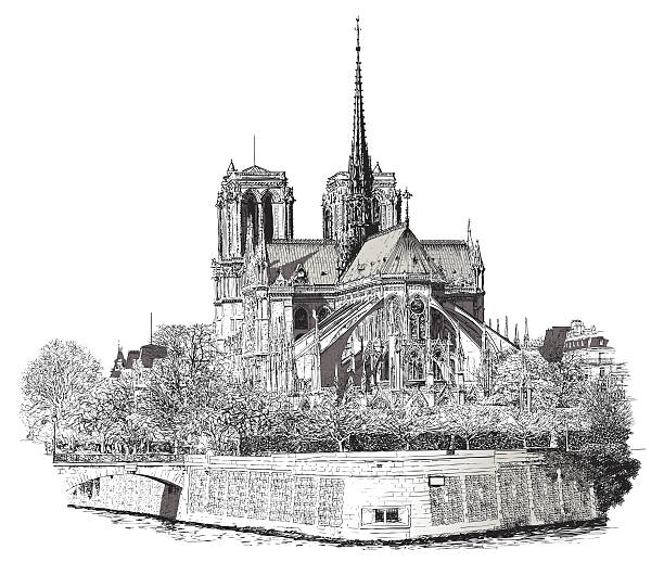 black and white sketch of notre dame in paris - notre dame stock illustrations