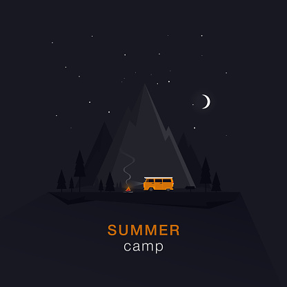 Night summer camping in the mountains by car by the fire. Vector illustration.