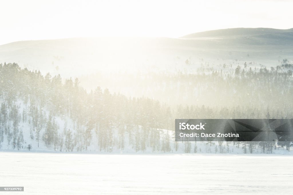 A beautiful winter landscape with snowy trees and mountains in a distance. A beautiful winter landscape with snowy trees and mountains in a distance in central Norway. Beauty Stock Photo