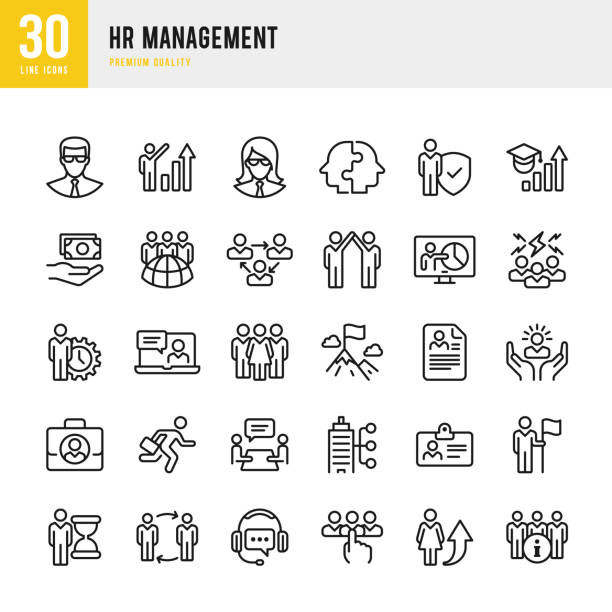 HR Management - set of thin line vector icons Set of 30 Human Resource Management thin line vector icons. man presentation stock illustrations