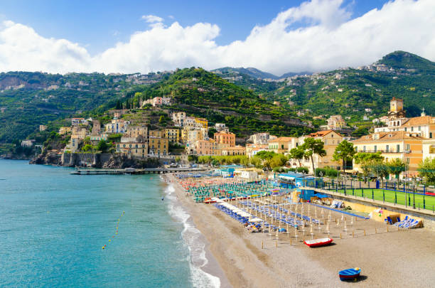 beautiful minori town on amalfi coast, campania, italy - sky sea town looking at view imagens e fotografias de stock
