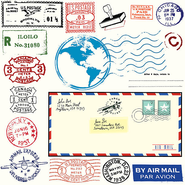 ilustraciones, imágenes clip art, dibujos animados e iconos de stock de exótico vintage airmail - postage stamp air mail envelope mail