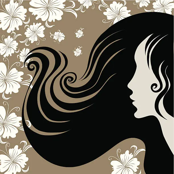 Vector illustration of Closeup vintage woman  with flower in beautiful long hair