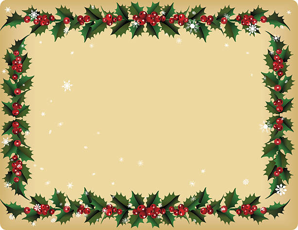 vintage holly odchodzi i jagody oprawione tle z płatków śniegu, - holly frame christmas picture frame stock illustrations