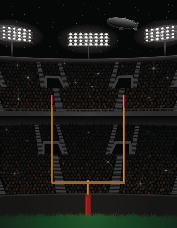 Vector illustration of a professional football arena with goalposts, blimp, stadium lights, crowd, starry sky and flashbulbs popping at night. All elements are on separate layers.