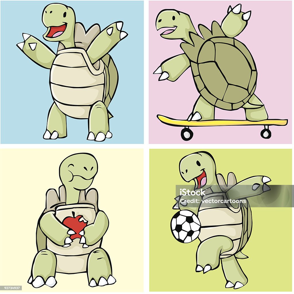 Happy Galapagos Tortoise Creative and unique illustrations of galapagos tortoise, in hand-drawn drawing style. Happy tortoise, skateboarding tortoise, tortoise eating apple, and tortoise football player. Animal stock vector