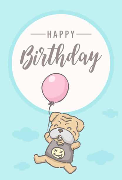 ilustraciones, imágenes clip art, dibujos animados e iconos de stock de tarjeta de cumpleaños, cute dibujos animados, bulldog volando con globos, ilustración vectorial - birthday card dog birthday animal