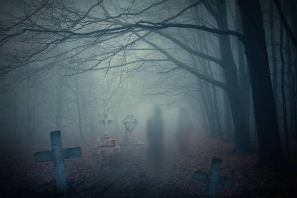 ghosts in haunted forest stock photo
