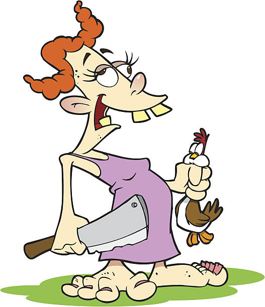 Hillbilly Wife An ugly hillbilly wife is about to start a chicken dinner. scared chicken cartoon stock illustrations