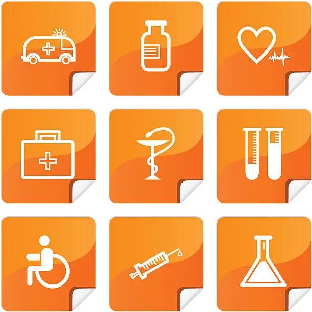 Vector illustration of Orange stickers medicine icons set