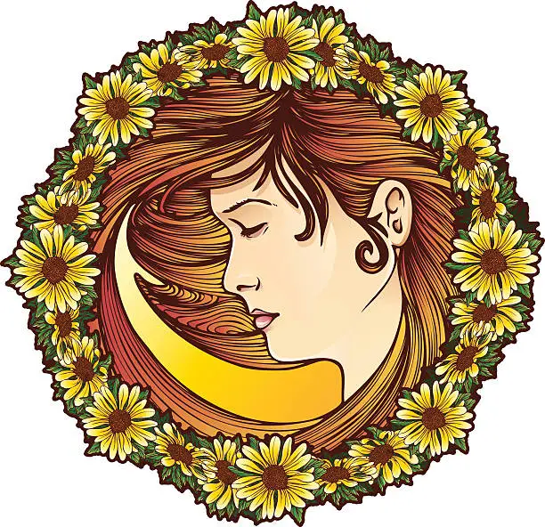 Vector illustration of Art Nouveau Girl in a Daisy Frame