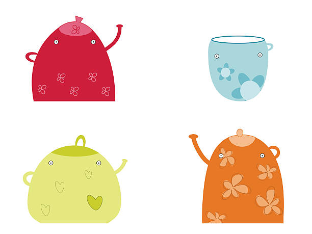 Funny teapots and a cup vector art illustration