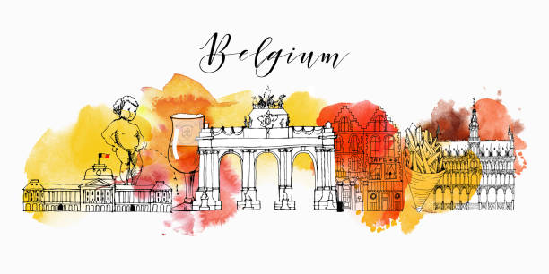 Belgium landmarks Belgium. Hand drawn set of landmark houses in brussels stock illustrations