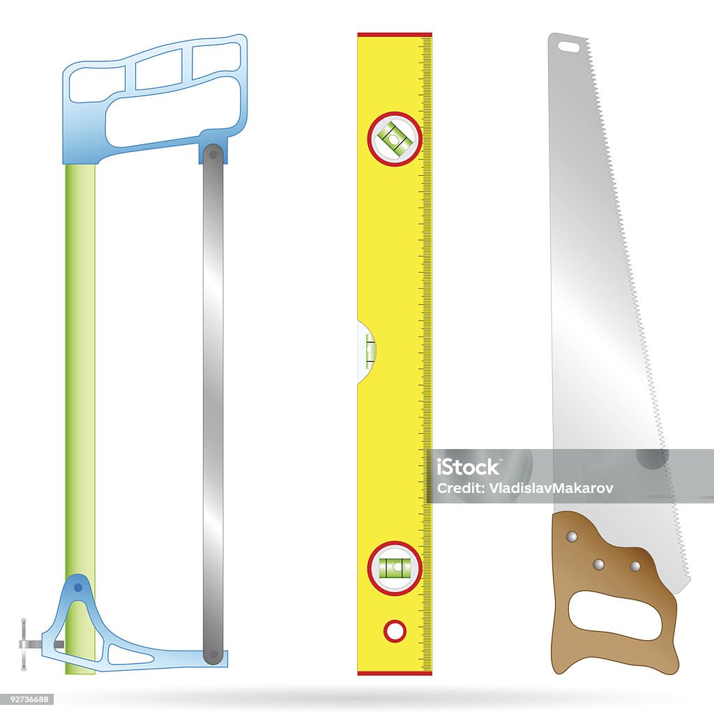 hacksaw, линейка и дерева — рабочий пила - Векторная графика Без людей роялти-фри