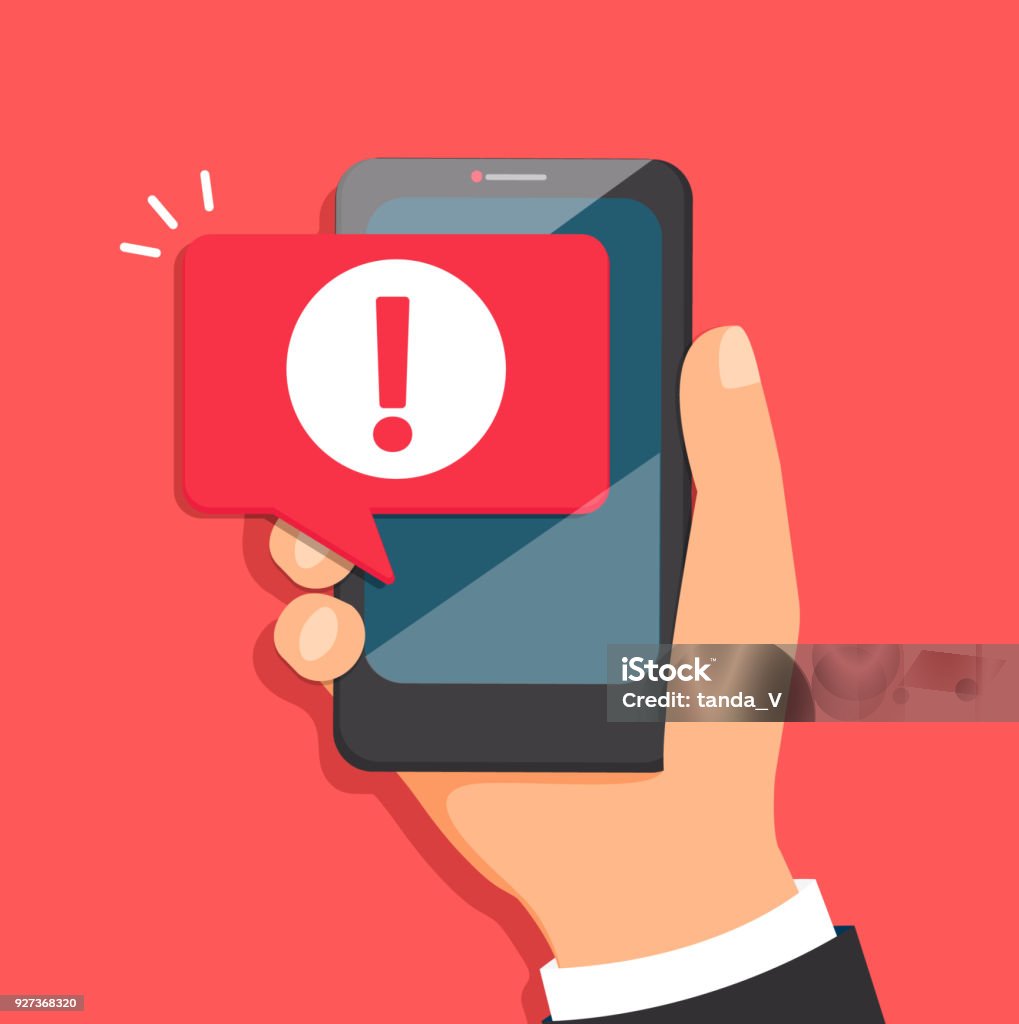 Concept of malware notification or error in mobile phone. Attention message bubble in smartphone. Red alert warning of spam data, insecure connection, scam, virus. Vector illustration. Telephone stock vector