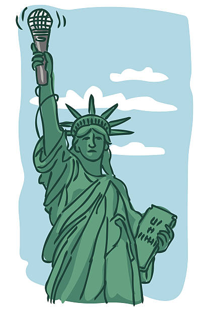 ilustraciones, imágenes clip art, dibujos animados e iconos de stock de estatua de la libertad de retención de micrófono - statue liberty audio
