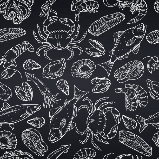 bezszwowy wzór owoców morza - doodle fish sea sketch stock illustrations