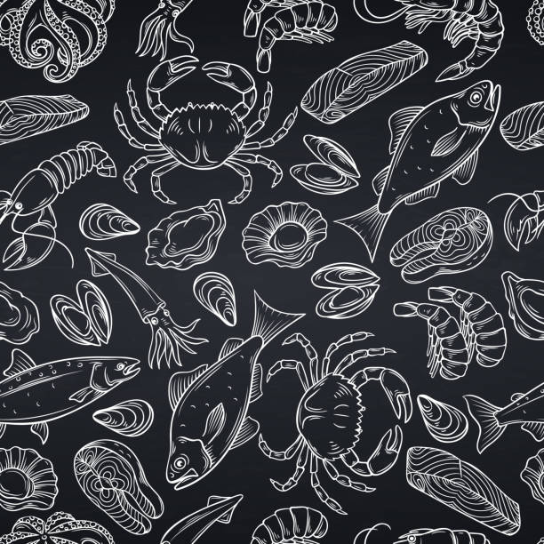 seafood seamless pattern Vector hand drawn seafood seamless pattern with mussel, fish salmon and shrimp. Lobster, squid, octopus, scallop, lobster or craps, mollusk, oyster, alfonsino and tuna for product market, white on black. seafood stock illustrations