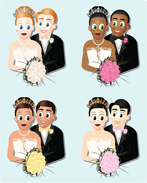 Bride and Groom of different races vector art illustration