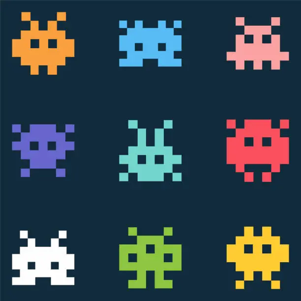 Vector illustration of Pixel monsters. Vector icon set