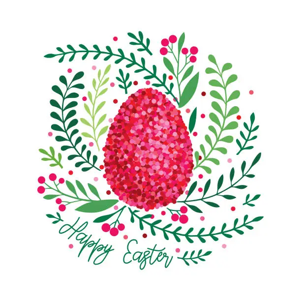 Vector illustration of Red Egg Green Leaves Ornament Isolated