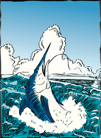 A blue marlin makes a jump on a beautiful summer day off the coast of North Carolina; illustrated in a woodcut style. Illustrator 10 file and Illustrator 8 EPS included in the download.