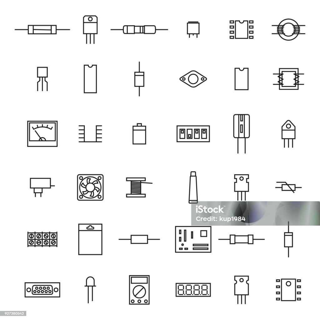 Electronic and radio components from thin line, vector illustration. Set of various electronic and radio components of the thin lines, isolated on white background. Flat style, vector illustration. Icon Symbol stock vector