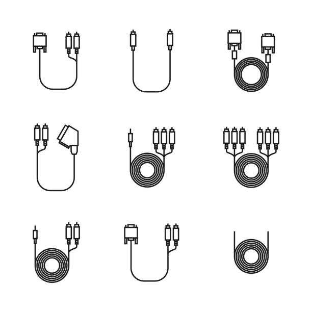 ilustrações, clipart, desenhos animados e ícones de ícones do cabo e cabo com plugs de linhas finas, ilustração vetorial. - cable audio equipment electric plug computer cable