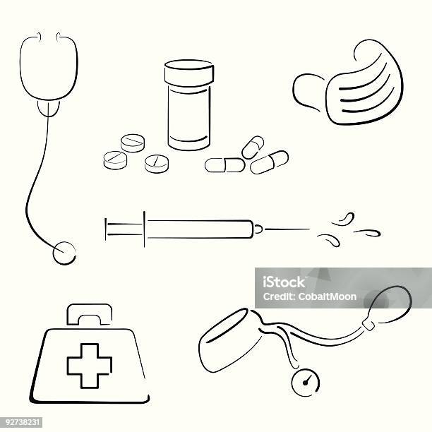 Ilustración de Medicina Para La Gripe De Clip Art y más Vectores Libres de Derechos de Estetoscopio - Estetoscopio, Garabato, Asistencia sanitaria y medicina