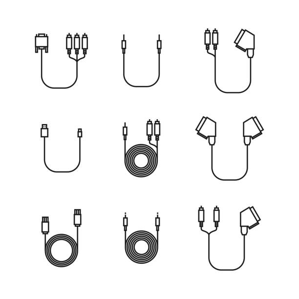 ilustrações, clipart, desenhos animados e ícones de ícones do cabo e cabo com plugs de linhas finas, ilustração vetorial. - cable audio equipment electric plug computer cable