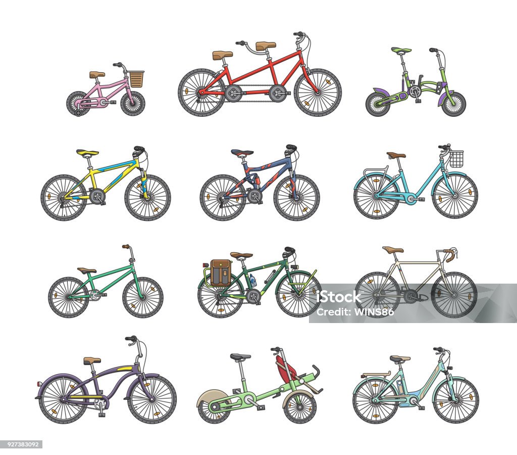 Big flat graphic design set of different bicycles. Bicycle stock vector