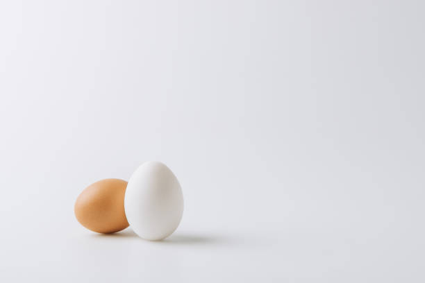 istock one white and one brown eggs laying on white background 927383196