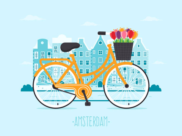 Travel to Amsterdam Amsterdam city background with yellow bicycle and tulips in basket. Flat design style. canal house stock illustrations
