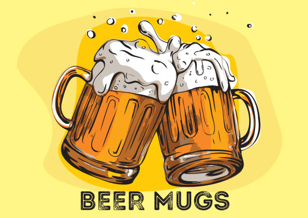 ilustrações, clipart, desenhos animados e ícones de imagem vetorial de duas canecas de cerveja. bebidas com muita espuma. - alcohol isolated white white background