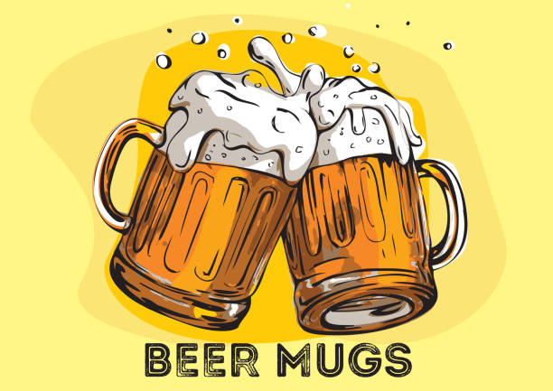 Vector image of two mugs of beer. Drinks with a lot of foam. Two beer glasses with foam. Hand drawn illustration. happy hour illustrations stock illustrations
