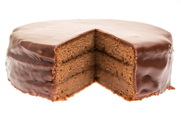 Truncated Sacher cake isolated on white background
